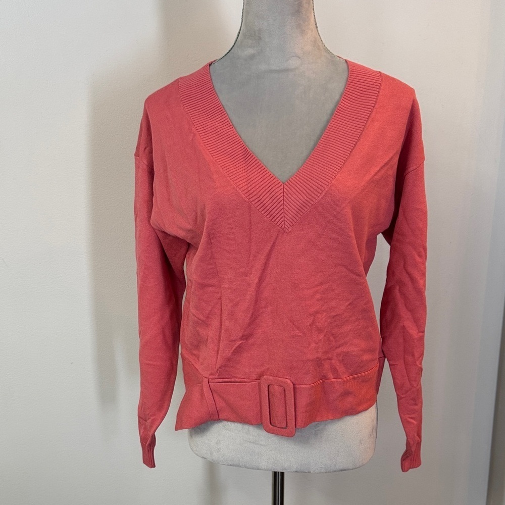 New York & Company Coral V-Neck Belted Sweater NWOT L